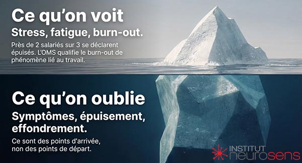 Ce qu'on voit : Stress, fatigue, burn-out. Ce qu'on oublie : Symptômes, épuisement, effondrement.