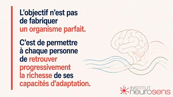 L'objectif n'est pas de fabriquer un organisme parfait. C'est de permettre à chaque personne de retrouver progressivement la richesse de ses capacités d'adaptation.