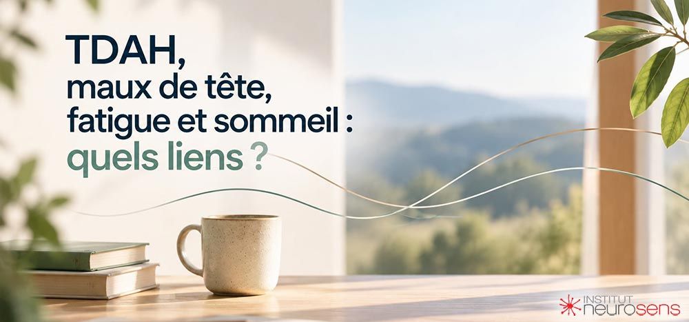 TDAH, maux de tête, fatigue et sommeil : quels liens ? — tasse et carnet sur un bureau en bois devant une fenêtre ouverte sur un paysage de collines boisées