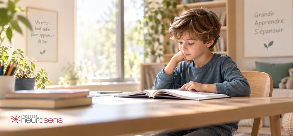 Enfant lisant un livre, concentré, assis à une table en bois près d'une fenêtre lumineuse