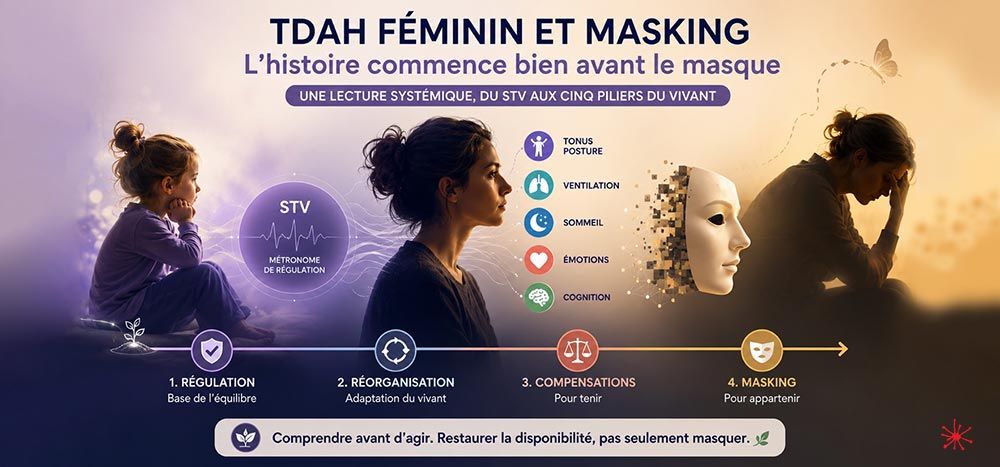 Infographie TDAH féminin et masking : parcours de l'enfant à l'adulte, du système tonico-ventilatoire (STV) au masking, en passant par les cinq piliers du vivant (tonus-posture, ventilation, sommeil, émotions, cognition)